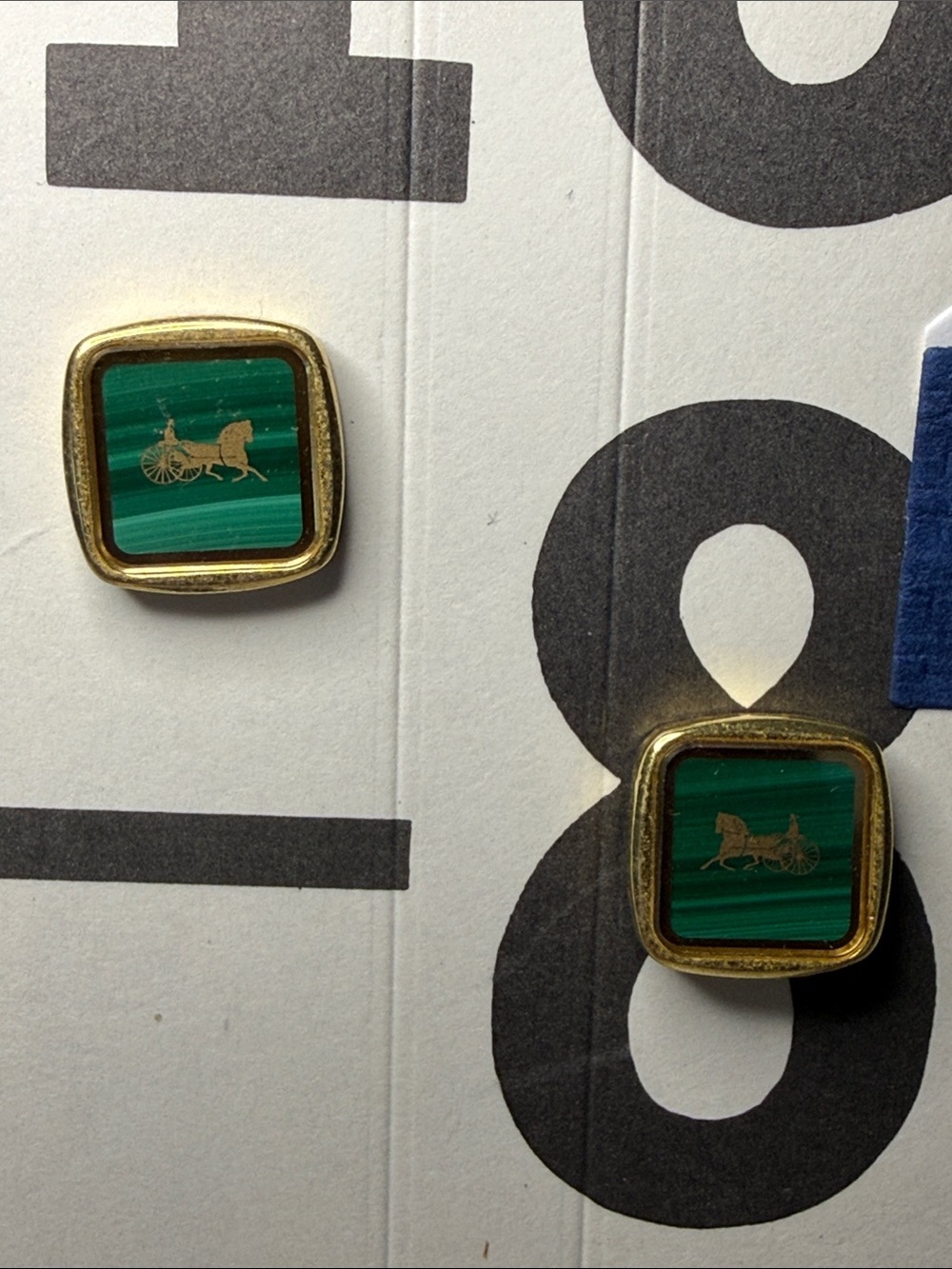 Celine Horse & Carriage Green Malachite-Style Gold Tone Cufflinks Vintage